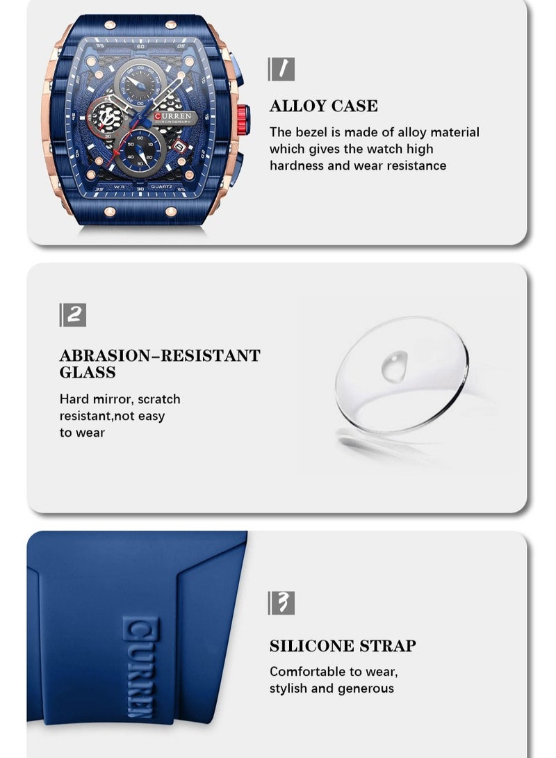 CURREN Men's Waterproof Quartz Watch, Luminous Markers, Silicone Strap, 8442 Dark Blue - Image 3