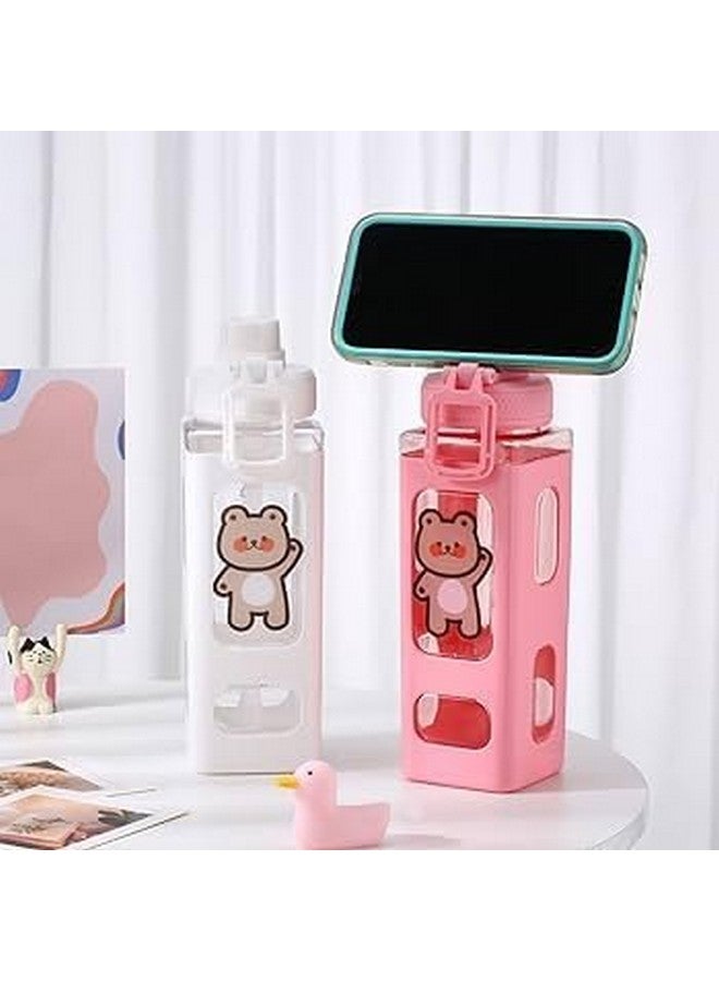 pelton Kawaii Water Bottle with Straw and Sticker, Kawaii Bear Water Bottle, Large Sport Plastic Portable Square Drinking Bottle for Girl, Cute Juice Tea Water Cups (Pink) 700 ml - Image 2