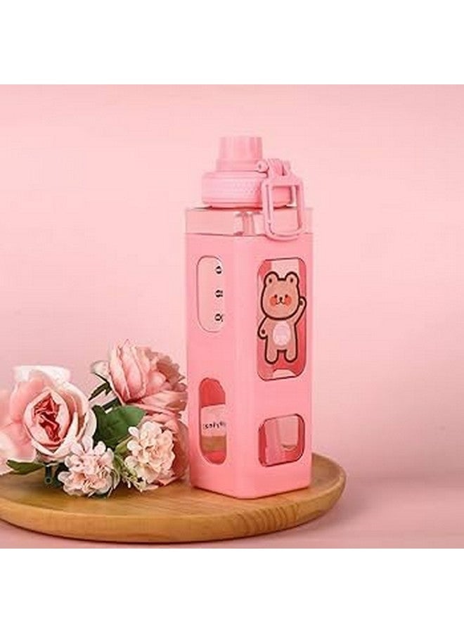 pelton Kawaii Water Bottle with Straw and Sticker, Kawaii Bear Water Bottle, Large Sport Plastic Portable Square Drinking Bottle for Girl, Cute Juice Tea Water Cups (Pink) 700 ml - Image 1