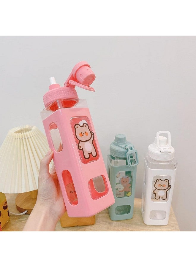 pelton Kawaii Water Bottle with Straw and Sticker, Kawaii Bear Water Bottle, Large Sport Plastic Portable Square Drinking Bottle for Girl, Cute Juice Tea Water Cups (Pink) 700 ml - Image 3
