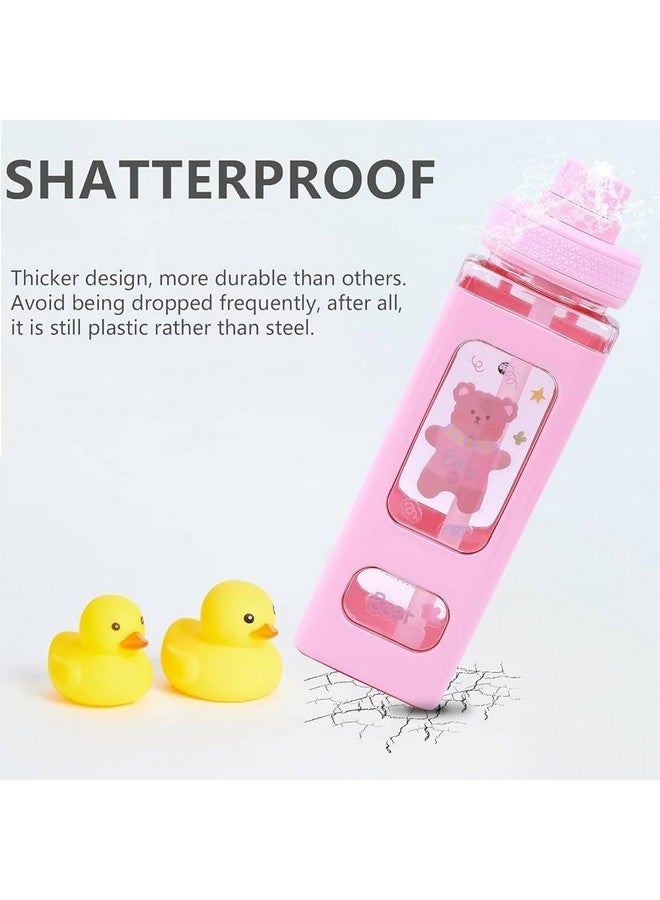 pelton Kawaii Water Bottle with Straw and Sticker, Kawaii Bear Water Bottle, Large Sport Plastic Portable Square Drinking Bottle for Girl, Cute Juice Tea Water Cups (Pink) 700 ml - Image 5