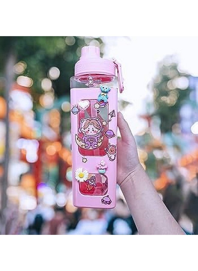 pelton Kawaii Water Bottle with Straw and Sticker, Kawaii Bear Water Bottle, Large Sport Plastic Portable Square Drinking Bottle for Girl, Cute Juice Tea Water Cups (Pink) 700 ml - Image 4