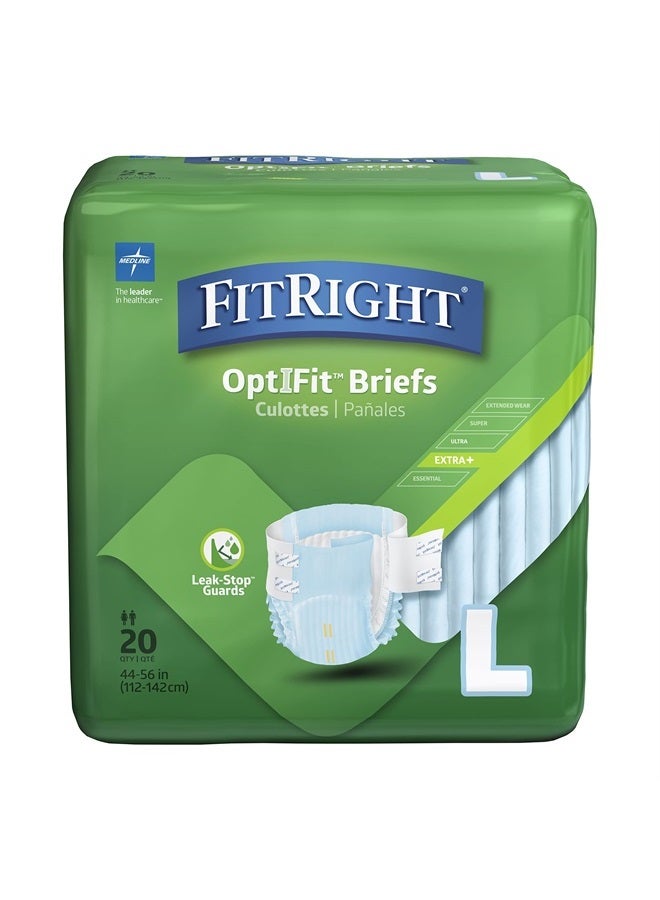 Medline FitRight OptiFit Extra+ Adult Diapers with leak stop guards, Disposable Incontinence Briefs with Tabs, Moderate Absorbency, Large, 44"-56", 20 Count (Pack of 4) - Image 1