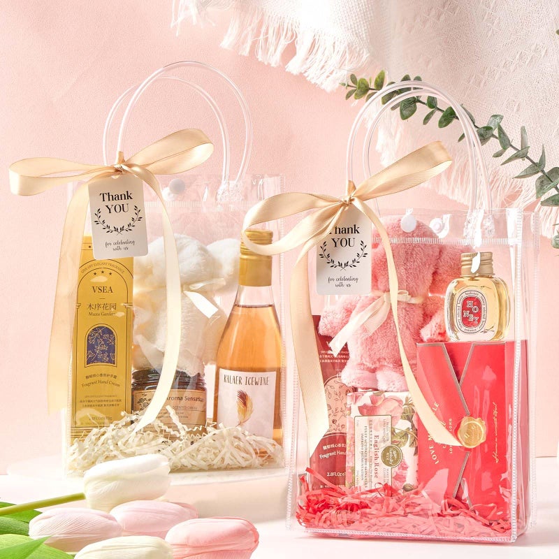 Mauproy 24 Pack Clear Plastic Gift Bags with Handles, Party Favor Bags with Ribbons and Tags, Reusable Goodie Tote Bags for Mother's Day Wedding Baby Shower(6.7â€ x 9.1â€ x 2.8") - Image 4