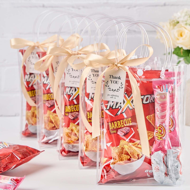 Mauproy 24 Pack Clear Plastic Gift Bags with Handles, Party Favor Bags with Ribbons and Tags, Reusable Goodie Tote Bags for Mother's Day Wedding Baby Shower(6.7â€ x 9.1â€ x 2.8") - Image 5