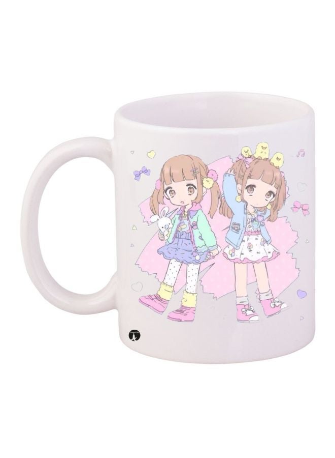RYN Cartoon Girl Printed Coffee Mug White/Pink/Yellow 11ounce