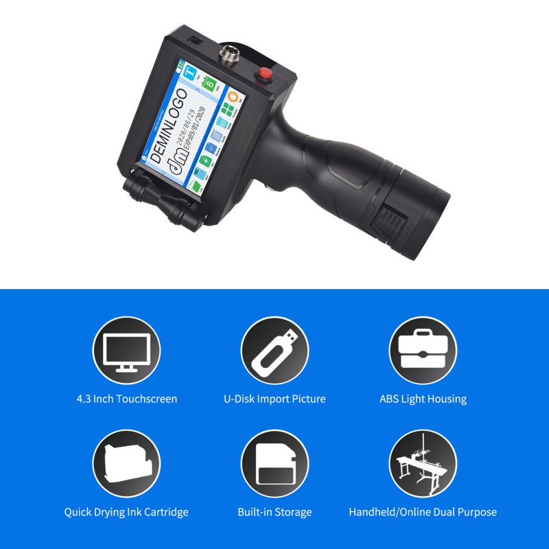 Handheld Inkjet Printer: Black 600DPI Hd 4.3-Inch Touchscreen - 2500mAh Rechargeable Battery High Capacity Ink Cartridge for Multi-Material Labeling - Image 2
