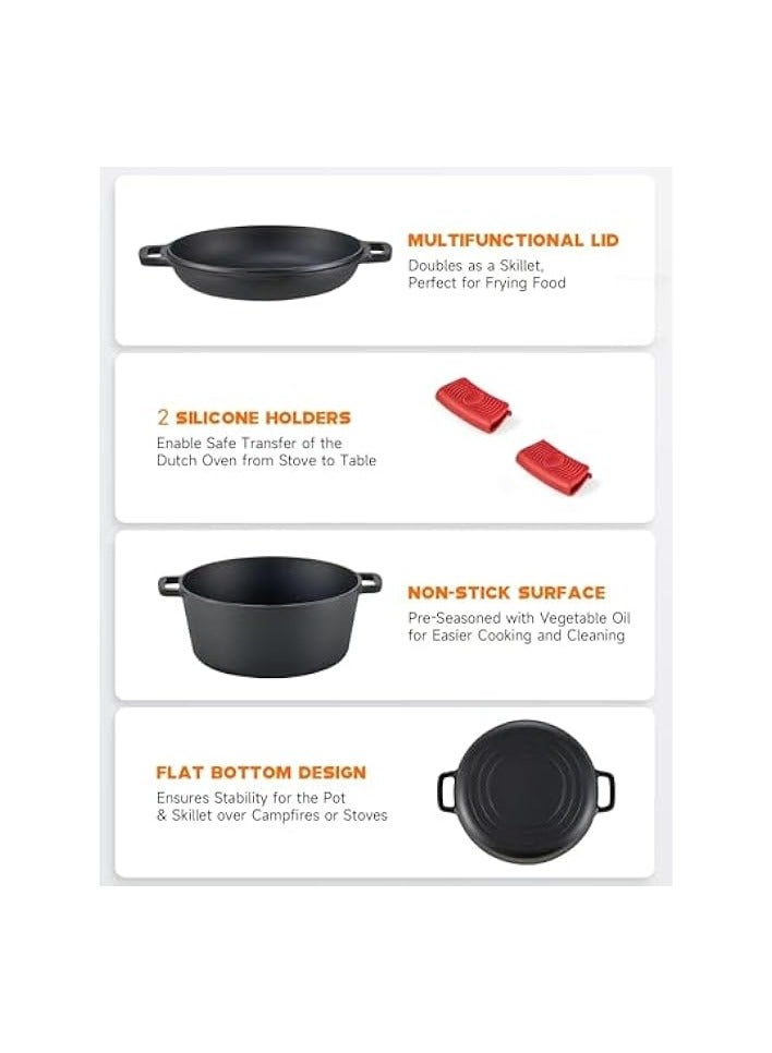 Green Tiger 2-in-1 Pre-Seasoned Cast Iron Dutch Oven with Lid, 4.8 qt Pot & 10.5 in Skillet Cookware Set with Handles & Lid Lifter, Deep Pot for Baking Stewing Roasting, Indoor & Outdoor Use - Image 2