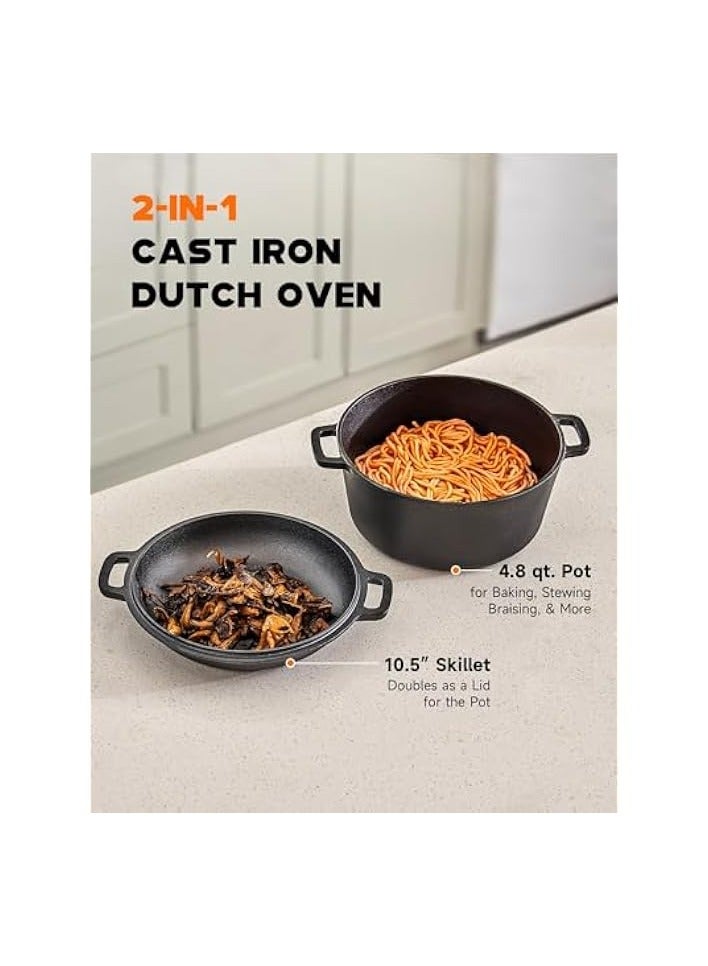 Green Tiger 2-in-1 Pre-Seasoned Cast Iron Dutch Oven with Lid, 4.8 qt Pot & 10.5 in Skillet Cookware Set with Handles & Lid Lifter, Deep Pot for Baking Stewing Roasting, Indoor & Outdoor Use - Image 3