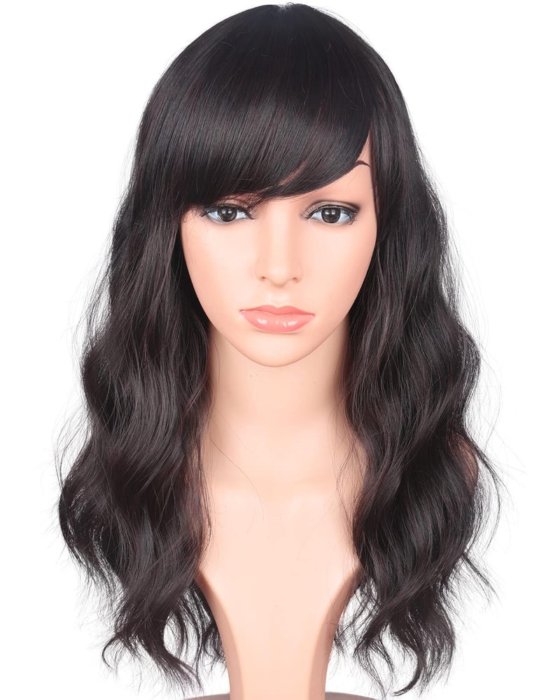 16 Inches Black Mix Brown Fashion Wavy Synthetic Hair Wigs For Black Women With Side Bangs Free Wig Cap BLACK MIX BROWN1B33