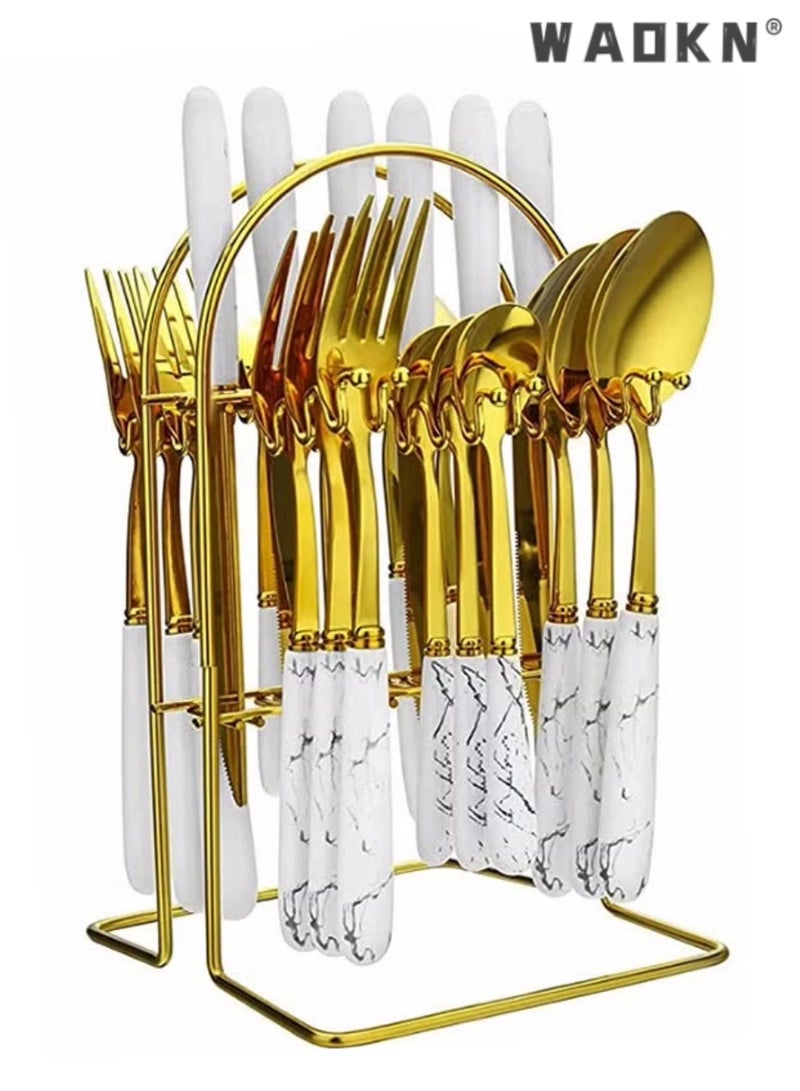 WAOKN 24 Pieces Stainless Steel Flatware Set with Stand, Cutlery Set Mirror Polished, Service for 6, Include Knife/Fork/Spoon/Teaspoon,Dishwasher Safe Knife Fork Spoon Tableware set White  - Image 1
