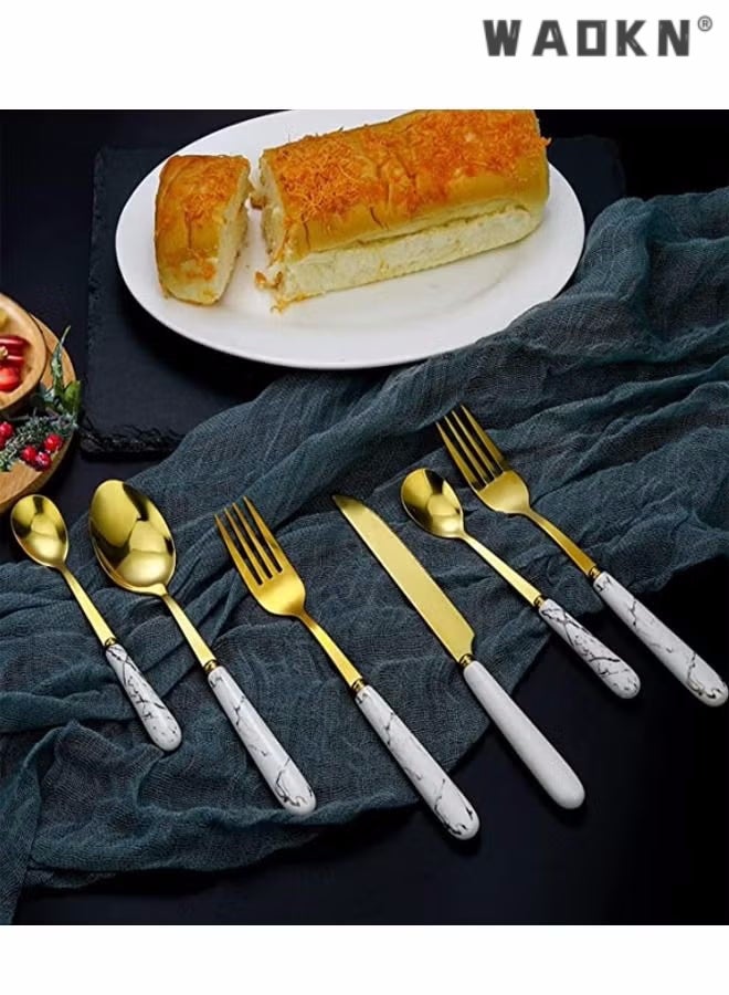WAOKN 24 Pieces Stainless Steel Flatware Set with Stand, Cutlery Set Mirror Polished, Service for 6, Include Knife/Fork/Spoon/Teaspoon,Dishwasher Safe Knife Fork Spoon Tableware set White  - Image 4