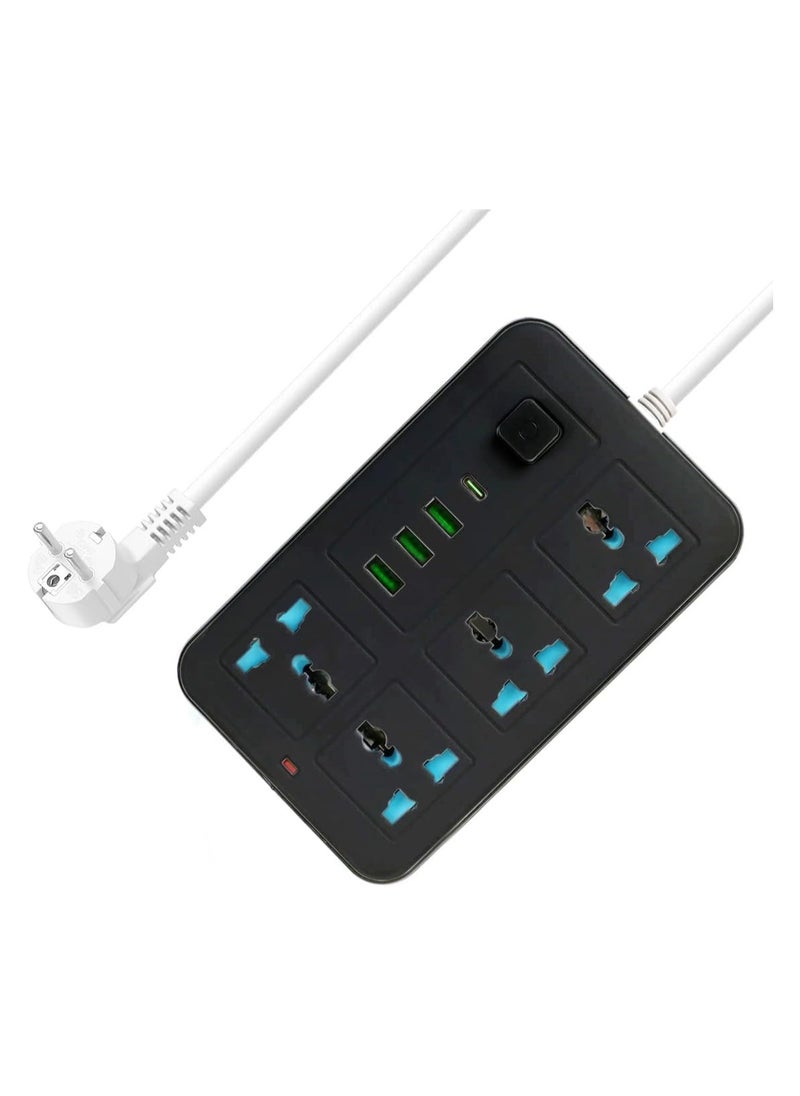 Generic - Power Extension Socket, Power Strip with USB, 3 USB Ports & 1 Type C | Independent Power Switch, Max 1A, Overload Protection & Child Safety, 2 Meter Extension Cord - Image 1