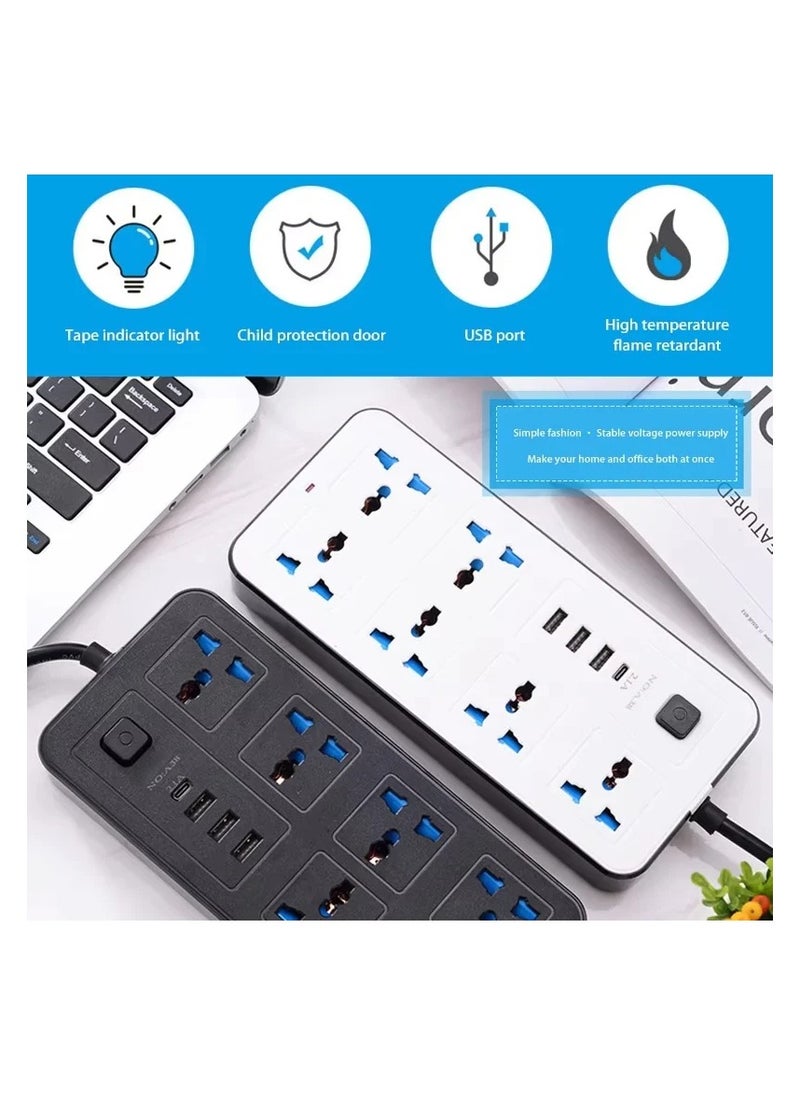 Generic - Power Extension Socket, Power Strip with USB, 3 USB Ports & 1 Type C | Independent Power Switch, Max 1A, Overload Protection & Child Safety, 2 Meter Extension Cord - Image 1