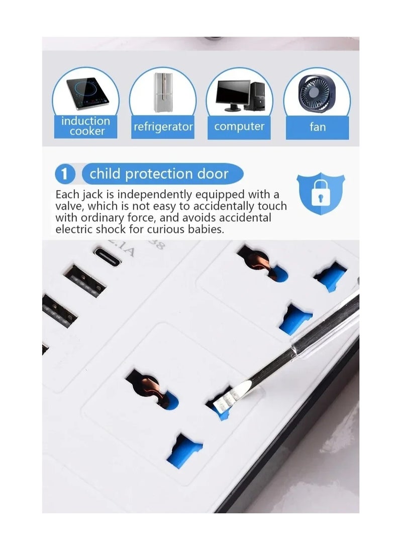 Generic - Power Extension Socket, Power Strip with USB, 3 USB Ports & 1 Type C | Independent Power Switch, Max 1A, Overload Protection & Child Safety, 2 Meter Extension Cord - Image 1