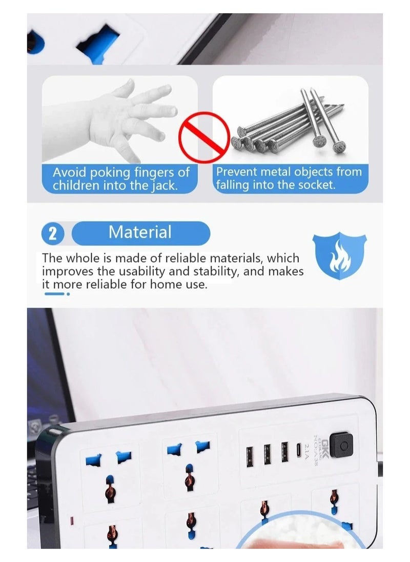 Generic - Power Extension Socket, Power Strip with USB, 3 USB Ports & 1 Type C | Independent Power Switch, Max 1A, Overload Protection & Child Safety, 2 Meter Extension Cord - Image 1