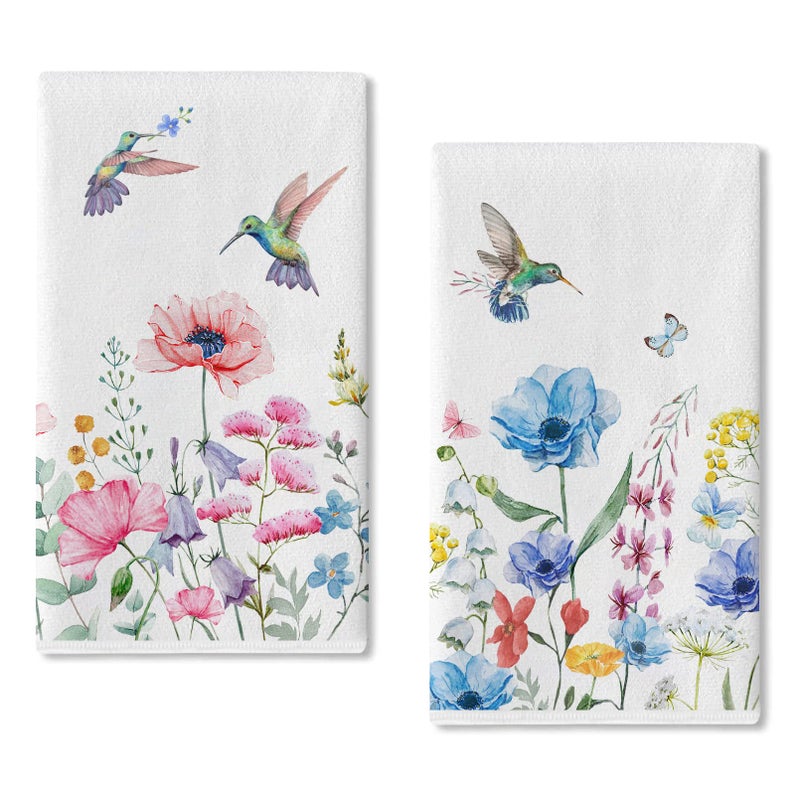 Seliem Summer Anemone Flower Hummingbird Kitchen Dish Towel Set of 2 Wild Floral Ultra Absorbent Hand Drying Baking Cooking Cloth Spring Seasonal Decor Home Decorations 18 x 26 Inch