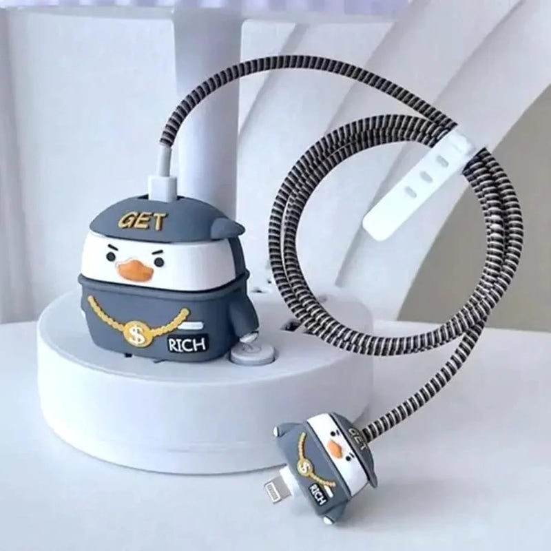 INEFABLE Charger Case Cover Protector with 3D Cute Pattern for iPhone Charger only 18W & 20W, Data Charging Cable Wire Saver Protective Cable Cover Full Protection - Set of 1 (Rich Duck) - Image 1