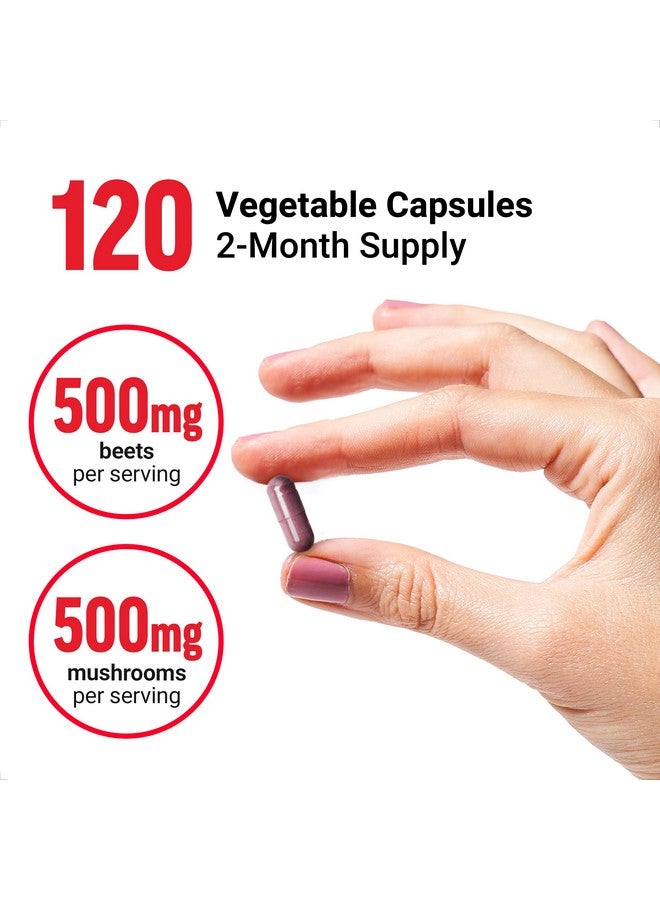 FORCE FACTOR Beetroot + Mushrooms Supplement for Great Health, Beet Root Capsules with 7 Functional Mushrooms, Lion’s Mane, Cordyceps, & More, Soy Free, Non-GMO, 120 Capsules - Image 3