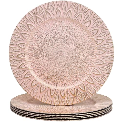 SforGUVA Pink Charger Plates, 13 Inch Set of 6 Plastic Peacock Chargers for Dinner Plates,Table Settings, Easter, Thanksgiving, Christmas Party, Family Gathering. - Image 1
