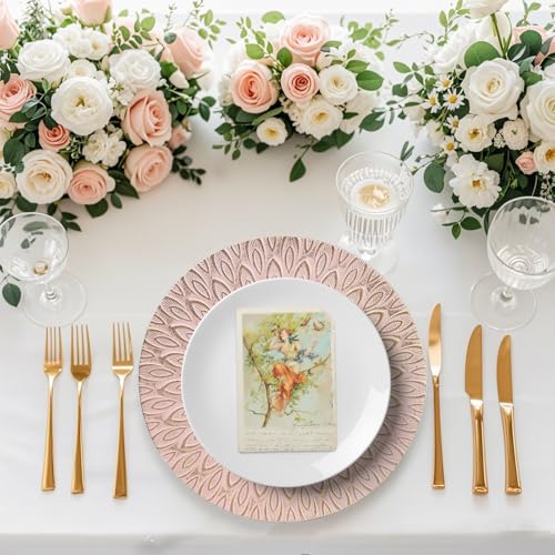 SforGUVA Pink Charger Plates, 13 Inch Set of 6 Plastic Peacock Chargers for Dinner Plates,Table Settings, Easter, Thanksgiving, Christmas Party, Family Gathering. - Image 2