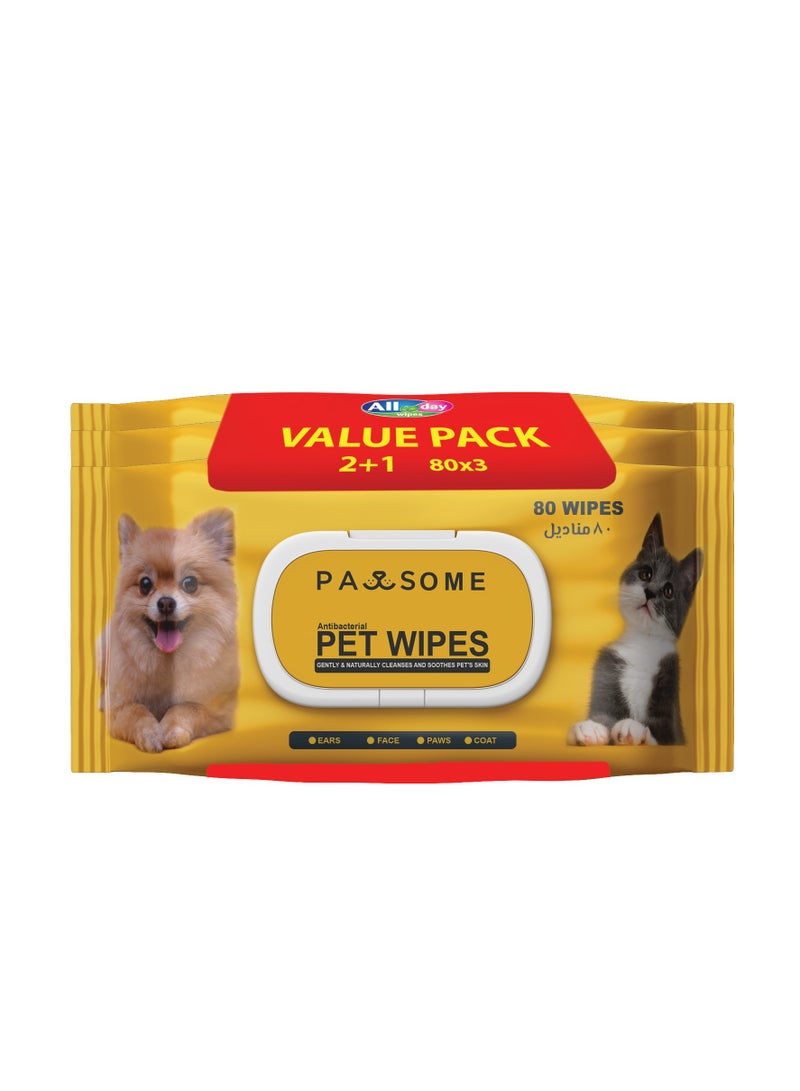 All day wipes Pawsome Antibacterial Pet Wet Wipes-80 Count (for Dogs and Cats) : Keep Your Furry Friend Clean and Fresh with All Day Pawsome Antibacterial Pet Wet Wipes. ( Pack of 3) - Image 1