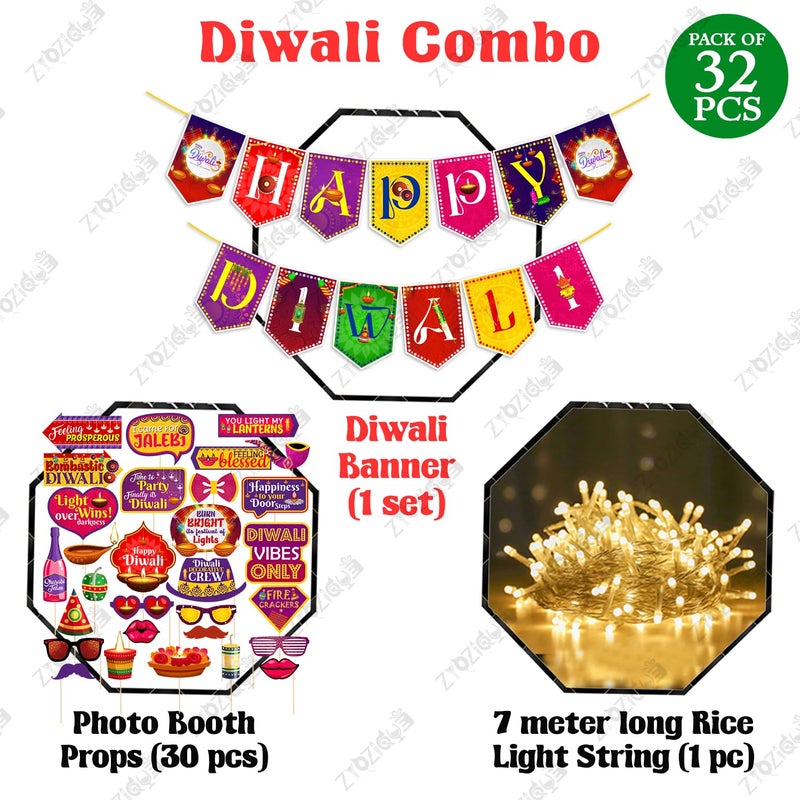 Zyozique® Happy Diwali Decorations Combo | Deepavali Decorations Items - MultiColor Paper Banner, Photo Booth Props & Rice Light | BackDrop Decorations Items (Pack Of 32) - Image 2