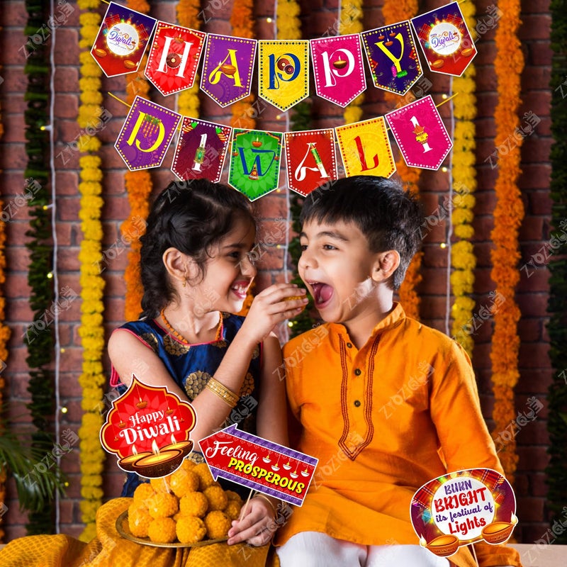 Zyozique® Happy Diwali Decorations Combo | Deepavali Decorations Items - MultiColor Paper Banner, Photo Booth Props & Rice Light | BackDrop Decorations Items (Pack Of 32) - Image 4