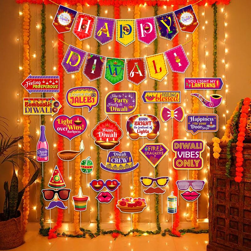 Zyozique® Happy Diwali Decorations Combo | Deepavali Decorations Items - MultiColor Paper Banner, Photo Booth Props & Rice Light | BackDrop Decorations Items (Pack Of 32) - Image 1