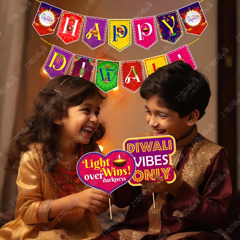 Zyozique® Happy Diwali Decorations Combo | Deepavali Decorations Items - MultiColor Paper Banner, Photo Booth Props & Rice Light | BackDrop Decorations Items (Pack Of 32) - Image 5