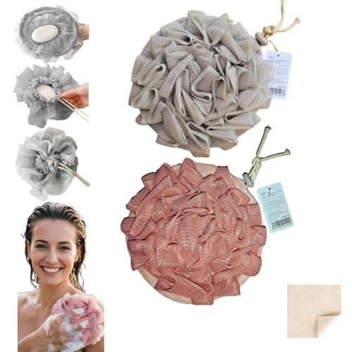 MOSYFEIBI Washcloth Loofah Combo 2-in-1 Loufee Wash Cloth That Holds Bar Soap-Exfoliation Mesh Shower Ball for Body Wash&Smooth Skin+Free Loofah Dish Towel (Upgrade Round 2Pcs(Bigger and Softer)) - Image 1