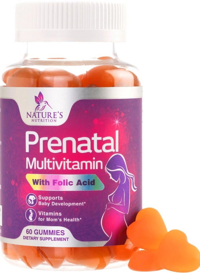 Nature's Nutrition Folic Acid Prenatal Gummy for Women - Prenatal Vitamin Gummies With Folate - Pregnancy Support Supplement with Vitamins C, D3, B6, B12 & Omega 3 Prenatal Multivitamin, Non-GMO - 60 Gummies - Image 1