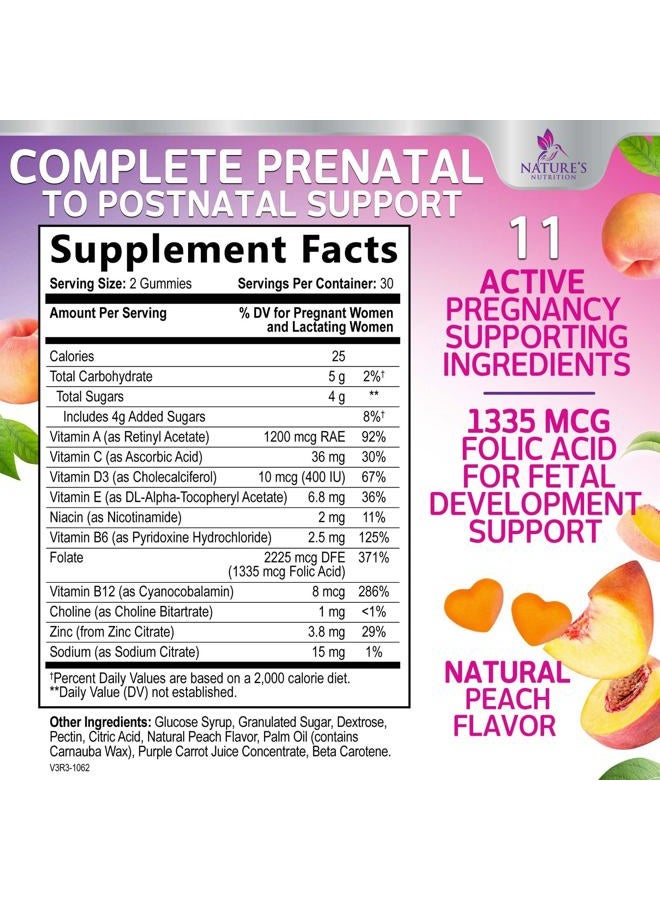 Nature's Nutrition Folic Acid Prenatal Gummy for Women - Prenatal Vitamin Gummies With Folate - Pregnancy Support Supplement with Vitamins C, D3, B6, B12 & Omega 3 Prenatal Multivitamin, Non-GMO - 60 Gummies - Image 2