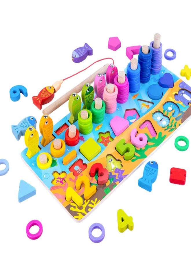 MARA BOMMAI Wooden 6 in 1 Montessori Learning Board for Kids 3+ Years, Shape and Number Sorting Puzzle with Fishing Game and Stacking Rings, Early Educational Preschool Toy - Image 1