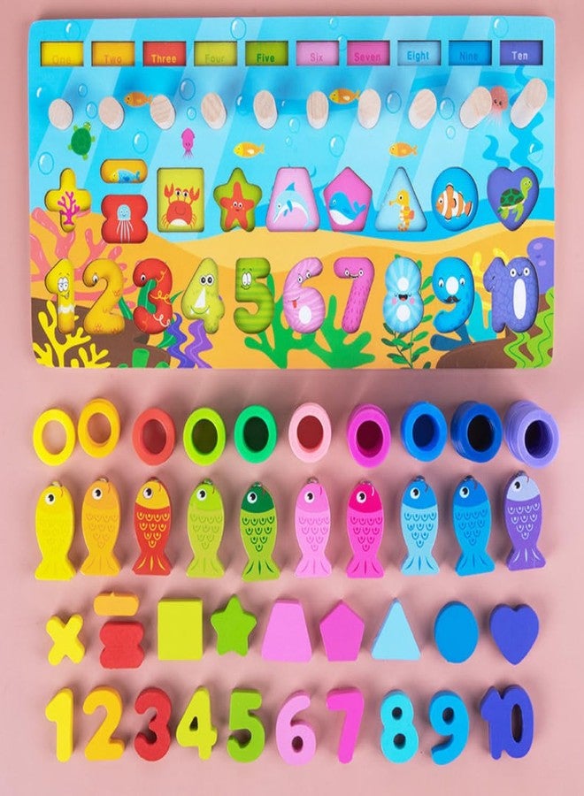 MARA BOMMAI Wooden 6 in 1 Montessori Learning Board for Kids 3+ Years, Shape and Number Sorting Puzzle with Fishing Game and Stacking Rings, Early Educational Preschool Toy - Image 3