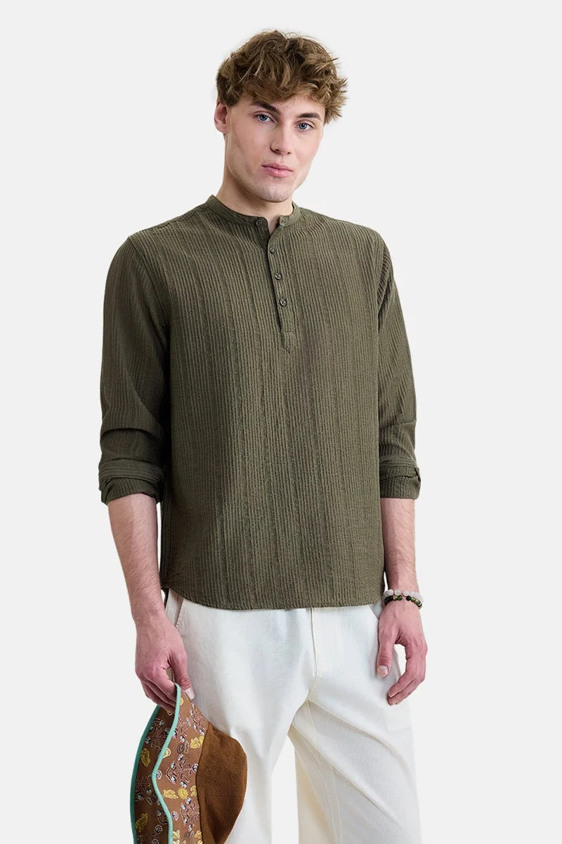 سنيتش Olive Textured Long Sleeve Regular Fit Shirt