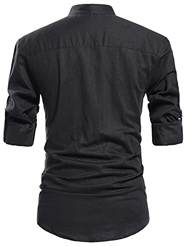 NITAGUT Men Henley Neck Long Sleeve Daily Look Linen Shirts Casual Beach T Shirts Black-US M - Image 2