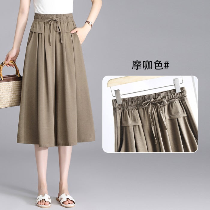2024 Summer New High Waist Dipping Ice Silk Wrinkled Wide-leg Cropped Pants Korean Casual Pants Loose Thin Culottes for Women black - Image 2