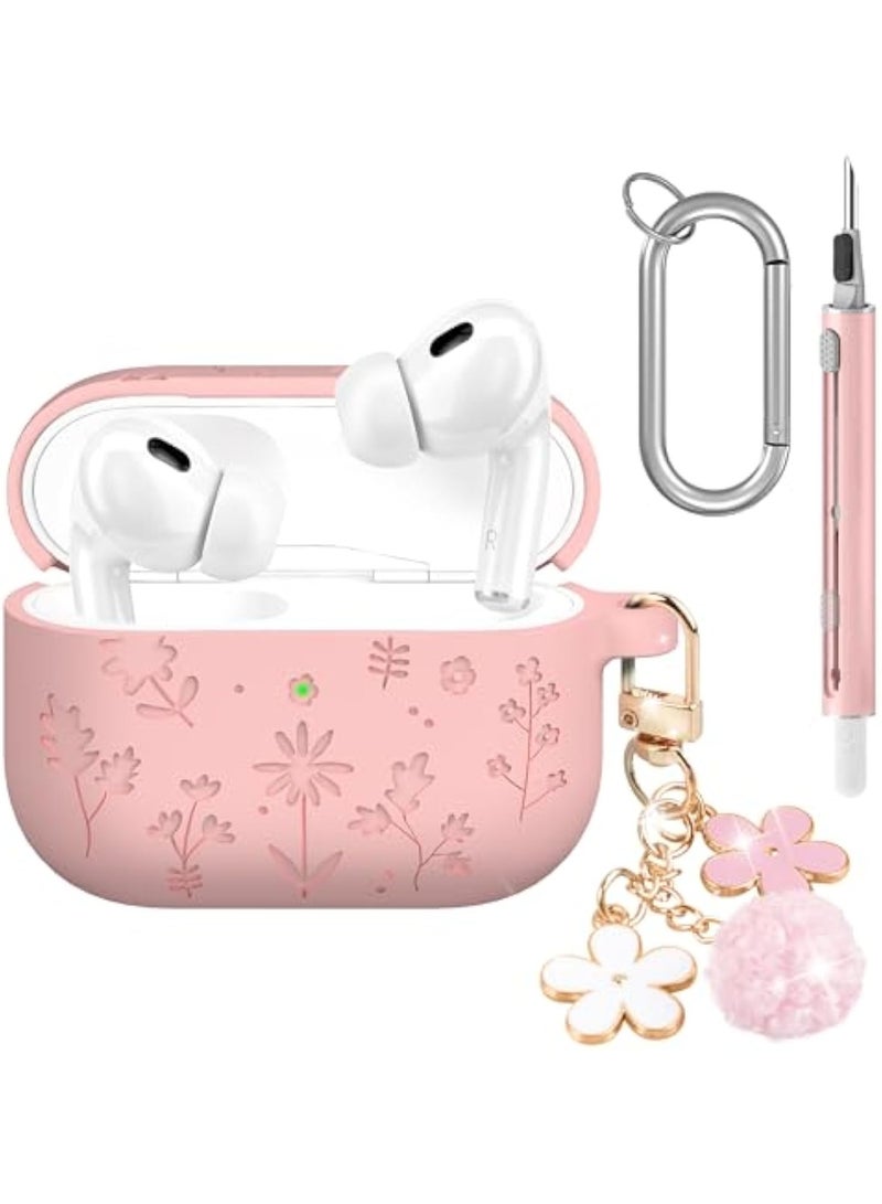 Arabest Compatible with AirPods Pro 3 Case 2025 Cute with Cherry Blossom Keychain and Cleaning Kit, Soft Silicone Shockproof Flower Engraved Cover Compatible with AirPod Pro 3 Case Cover - Pink - Image 1