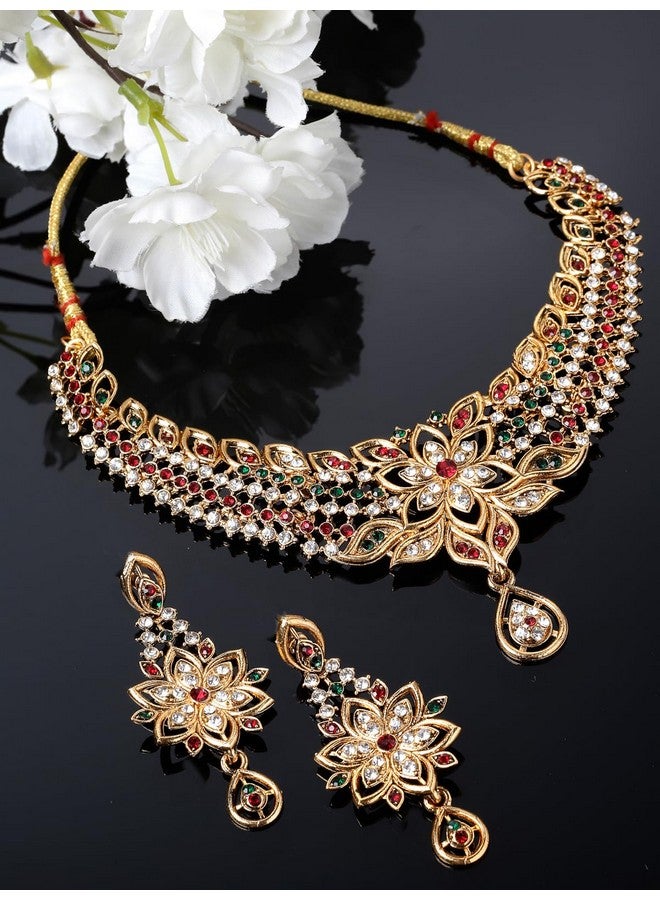 سوكهي طقم قلادة وأقراط على شكل عظمة الترقوة من Sukkhi Pleasing مطلي بالذهب متعدد الألوان | طقم مجوهرات للنساء (NS105515) - Image 4