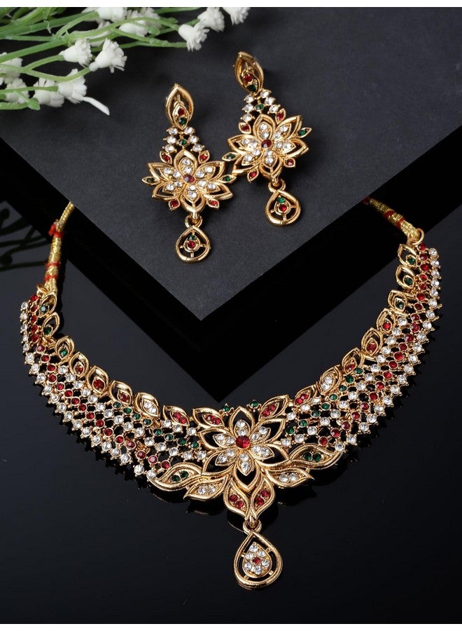 سوكهي طقم قلادة وأقراط على شكل عظمة الترقوة من Sukkhi Pleasing مطلي بالذهب متعدد الألوان | طقم مجوهرات للنساء (NS105515) - Image 3