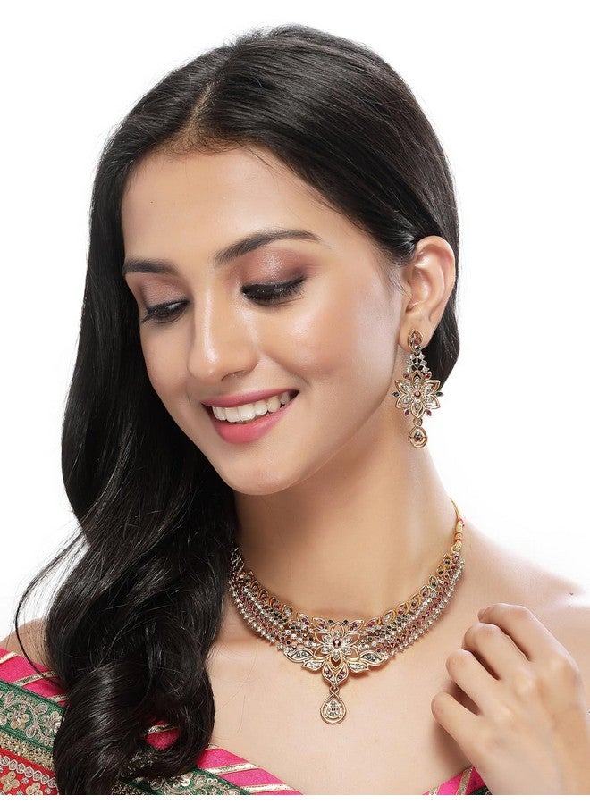 سوكهي طقم قلادة وأقراط على شكل عظمة الترقوة من Sukkhi Pleasing مطلي بالذهب متعدد الألوان | طقم مجوهرات للنساء (NS105515) - Image 2