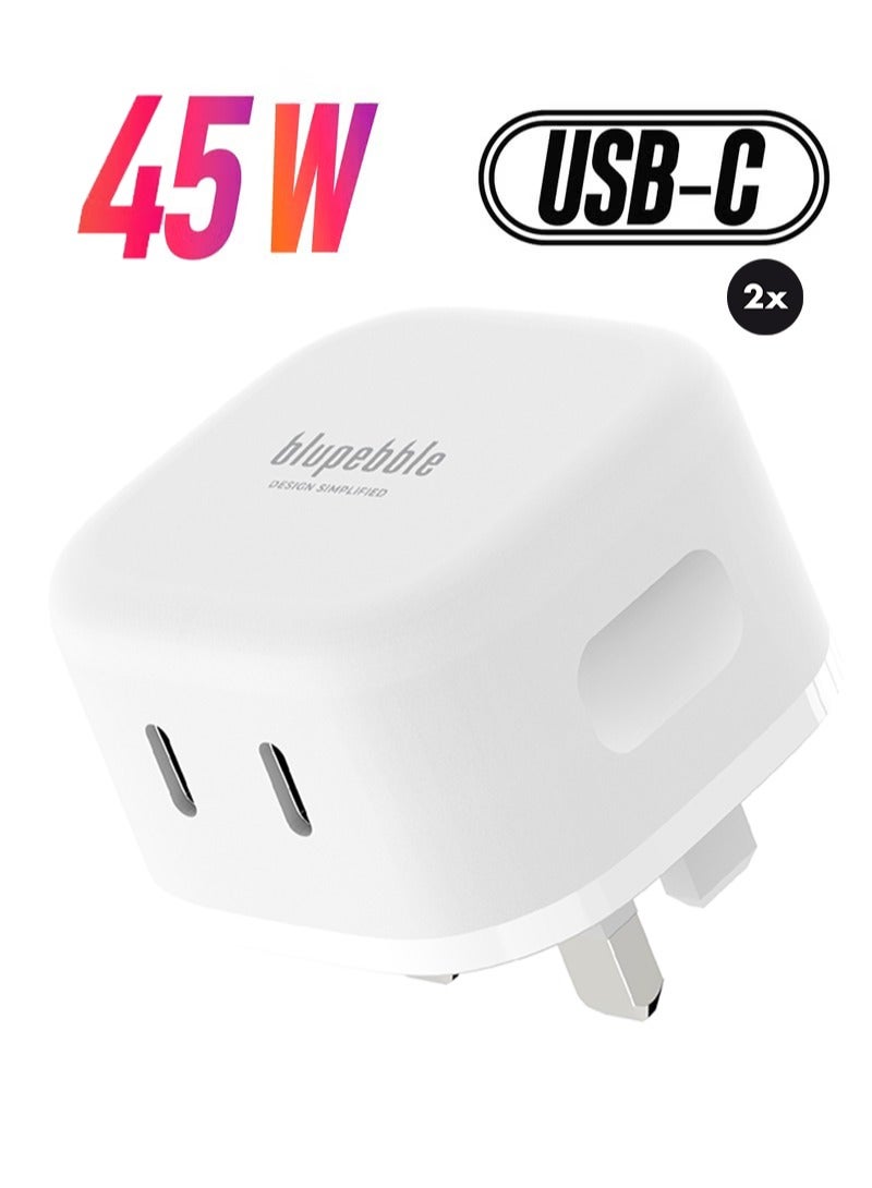blupebble شاحن سريع PD GaN بمنفذين بقوة 45 وات ومقبس شاحن USB C مزدوج المنفذ ومقبس شاحن سفر بمحول PD من النوع C - Image 1