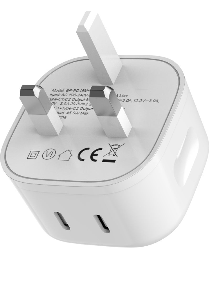 blupebble شاحن سريع PD GaN بمنفذين بقوة 45 وات ومقبس شاحن USB C مزدوج المنفذ ومقبس شاحن سفر بمحول PD من النوع C - Image 2