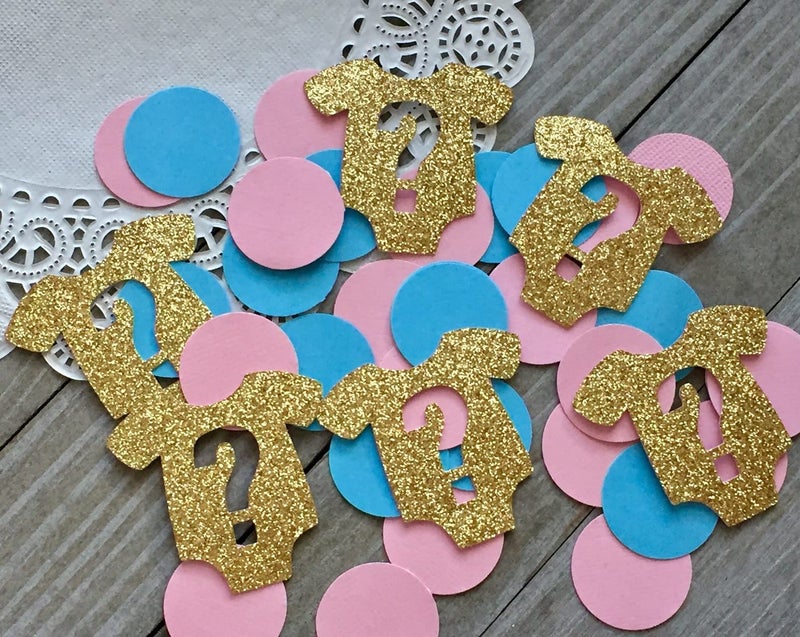 Confetti! 100pc Baby Shower party decorations, baby onesie, blue and pink circles, onesie with question marks, gold glitter, baby shower tabe confetti decorations - Image 2
