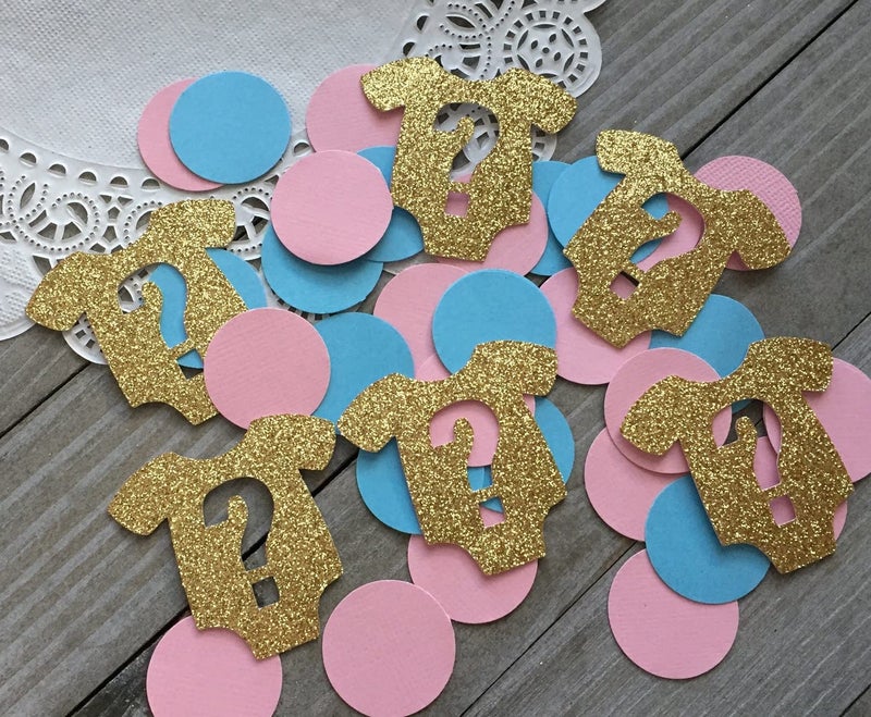 Confetti! 100pc Baby Shower party decorations, baby onesie, blue and pink circles, onesie with question marks, gold glitter, baby shower tabe confetti decorations - Image 1