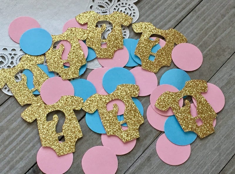 Confetti! 100pc Baby Shower party decorations, baby onesie, blue and pink circles, onesie with question marks, gold glitter, baby shower tabe confetti decorations - Image 3