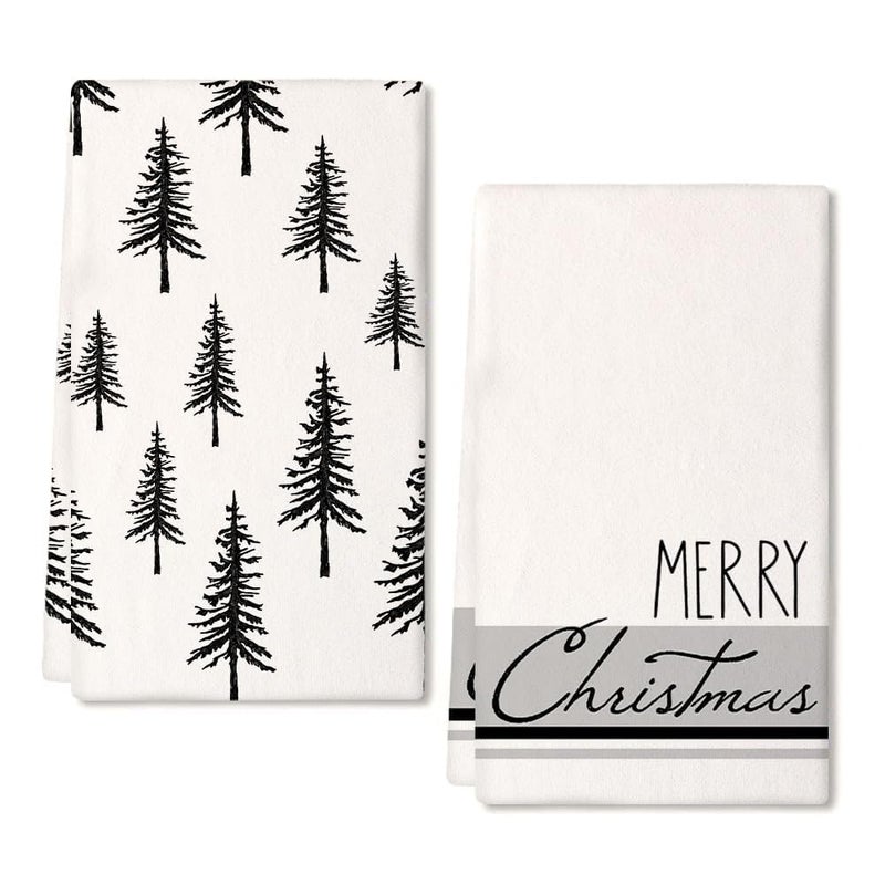 ARKENY Christmas Dish Towels for Christmas Decor Black Xmas Tree Kitchen Towels 18x26 Inch Grey Stripe Washcloths Seasonal Merry Christmas Hand Towel for Bathroom Set of 2 AD015
