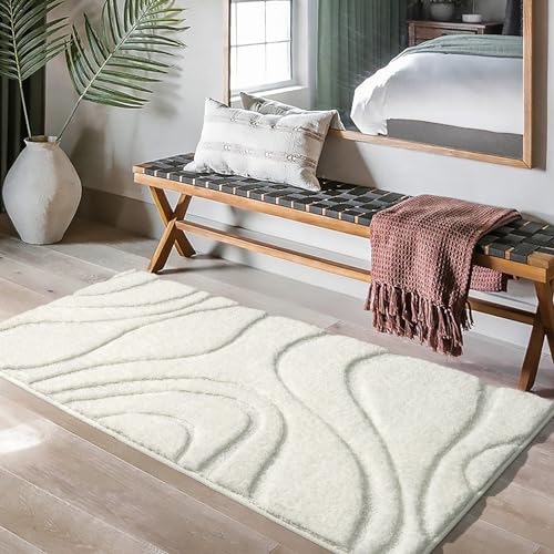 DEXDE Bathroom Rugs Mat, Soft Plush Shaggy Microfiber Bath Rug, Non Slip Bath Mats for Bathroom Runner Floor, Machine Washable Absorbent Carpet for Shower Tub, White 24"x47" - Image 2