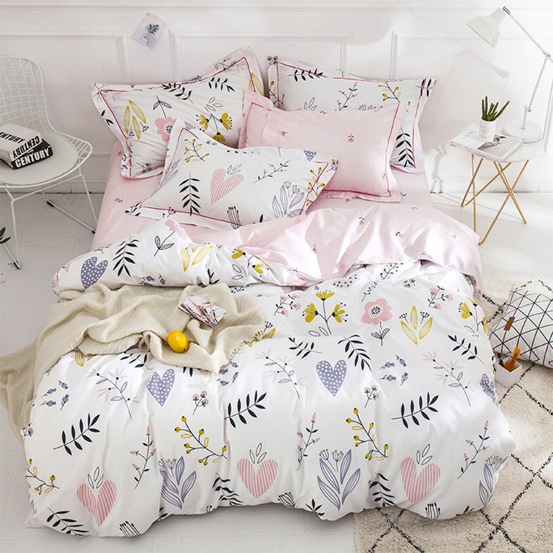 BuLuTu BuLuTu Floral Love Print Girls Duvet Cover Full WhitePink Cotton Premium Blossom Kawaii Reversible Kids Bedroom Comforter Cover Queen Duvet Cover for ToddlerTeenLightweightZipper Closure 